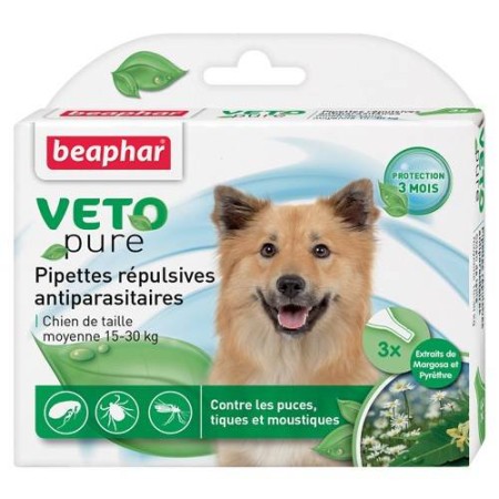 VETOpure, pipettes répulsives antiparasitaires chien moyen - 3 x 2 ml - Beaphar