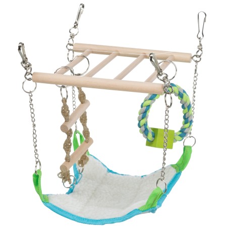 Pont suspendu + hamac/jouet, hamster, bois/corde, 17 × 22 × 15 cm