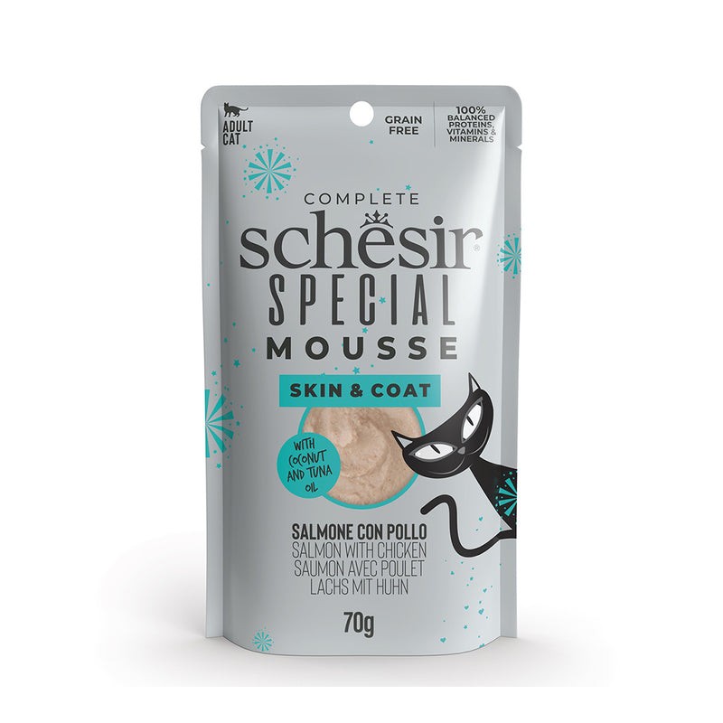 Skin&Coat Saumon et Poulet en Mousse Schesir Special 70g - Soin de la Peau et du Pelage pour Chats