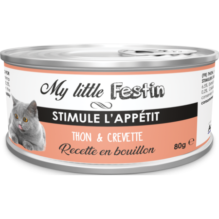 My Little Festin Boîte pour Chat 80g - Bouillon Thon & Crevette - Stimulant Appétit