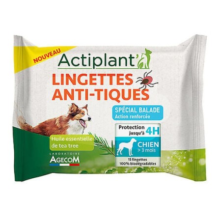 Lingettes Anti-Tiques Actiplant' pour Chiens - Protection Naturelle à l'Huile de Tea Tree, 15 Lingettes